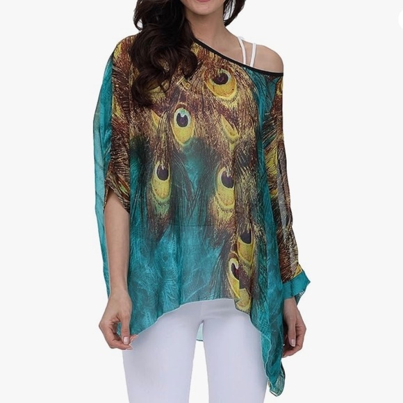 BUY 2 ITEMS GET 1 FREE - Sheer Chiffon Blouse in Peacock Design, OS - Picture 1 of 8